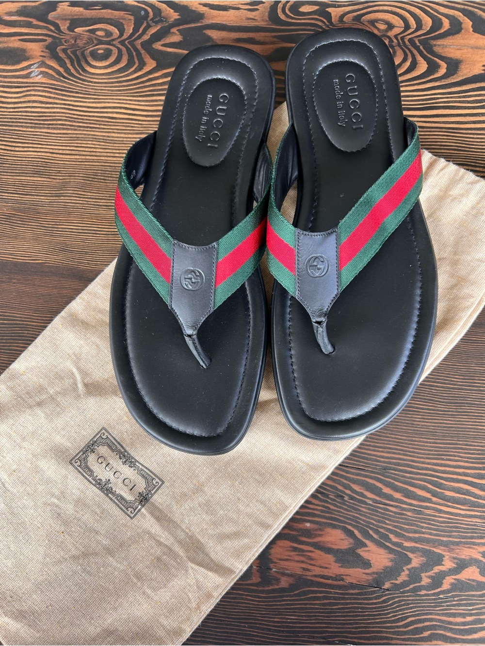 Gucci Black Leather Thong Sandals with Green & Red Web Stripe